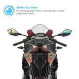  A motorcycle with side mirrors displaying the phrase "wide your vision" for enhanced safety awareness.
