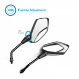 Two motorcycle side mirrors featuring the phrase "flexible adjustment," emphasizing their adjustable design.
