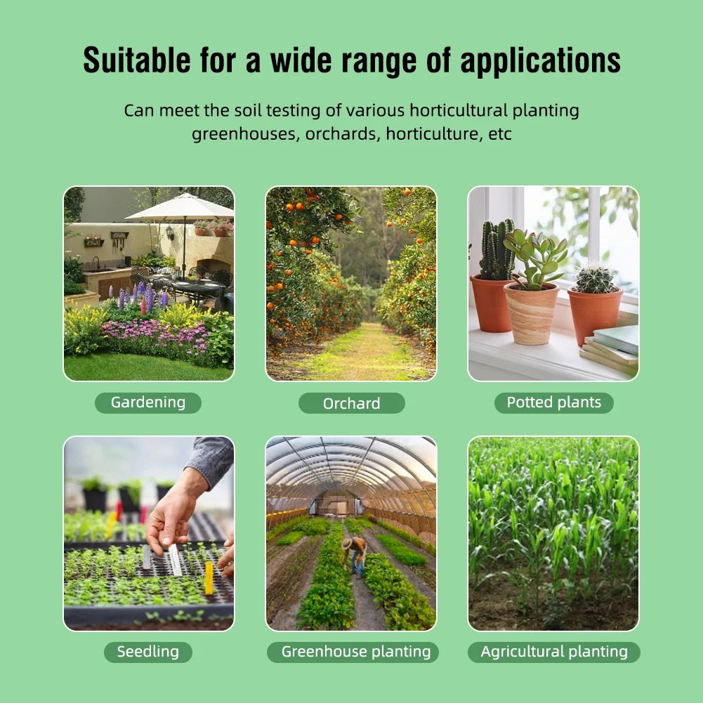 An illustration of NPK meter applications in gardening and agriculture.