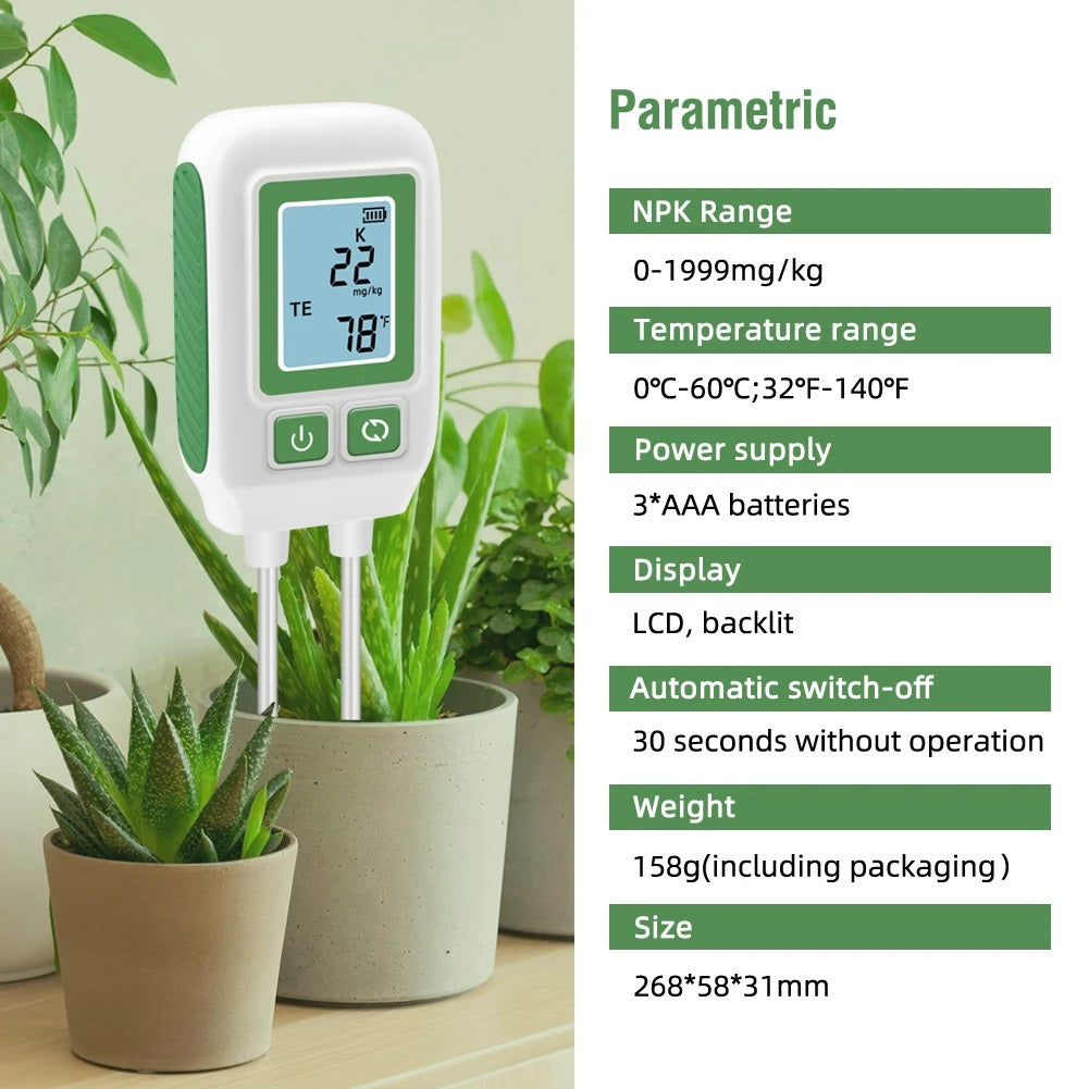  A digital NPK meter placed on indoor plants, showing key parametrics. 