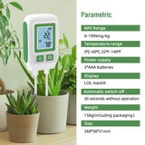  A digital NPK meter placed on indoor plants, showing key parametrics. 