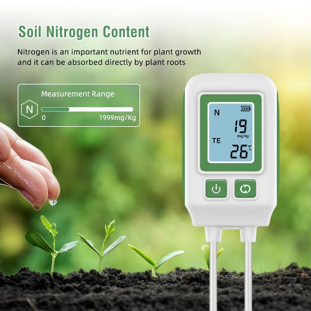 A portable digital NPK soil meter displaying readings for measuring nutrient levels in soil for agricultural use.