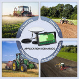 A collage of four images featuring GPS tractors used in different farming environments.
