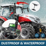 A tractor equipped with a camera and a sign stating "dustproof and waterproof," highlighting GPS advantages.