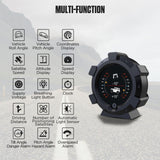  A detailed view of a car dashboard featuring speedometer, fuel gauge, and control buttons for various functions.