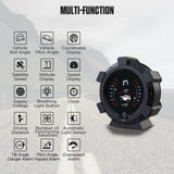  A detailed view of a car dashboard featuring speedometer, fuel gauge, and control buttons for various functions.