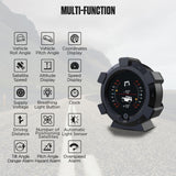  A detailed view of a car dashboard featuring speedometer, fuel gauge, and control buttons for various functions.