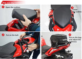 Steps to install a seat on a motorcycle, featuring a waterproof tail bag for added storage and protection.