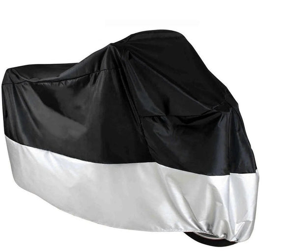 A motorcycle cover displaying a striking black and white design, ideal for keeping the bike safe and dry. 