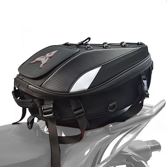 Waterproof motorcycle tail bag featuring a sturdy black handlebar for easy attachment and transport.
