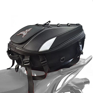 Waterproof motorcycle tail bag featuring a sturdy black handlebar for easy attachment and transport.
