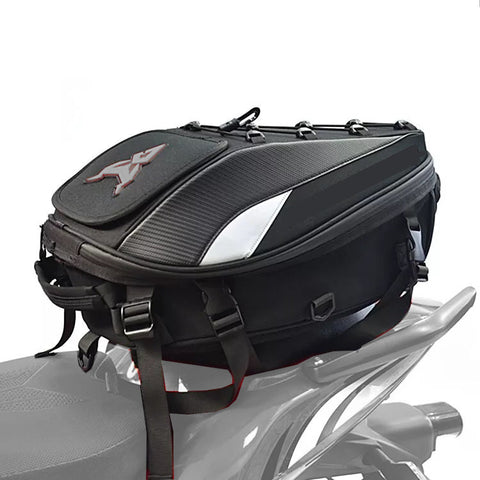 Waterproof motorcycle tail bag featuring a sturdy black handlebar for easy attachment and transport.
