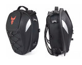 Two stylish backpacks with a motorcycle logo, designed as waterproof tail bags for riders.