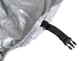 A silver motorcycle cover with a black strap, providing protection from the elements.