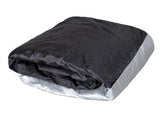 A black and silver motorcycle cover draped on a white background, showcasing its sleek design and protective features.