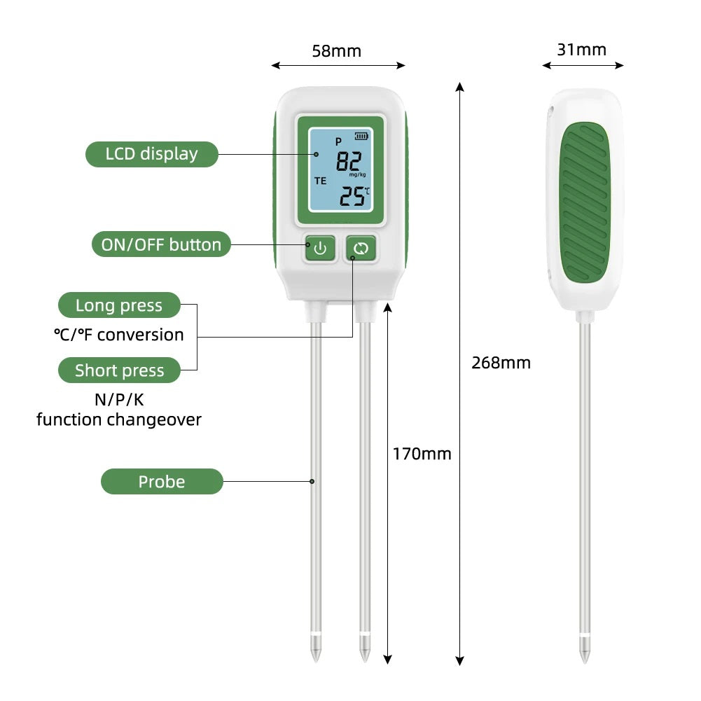 Close-up of a digital NPK meter showing current temperature readings on its display. 