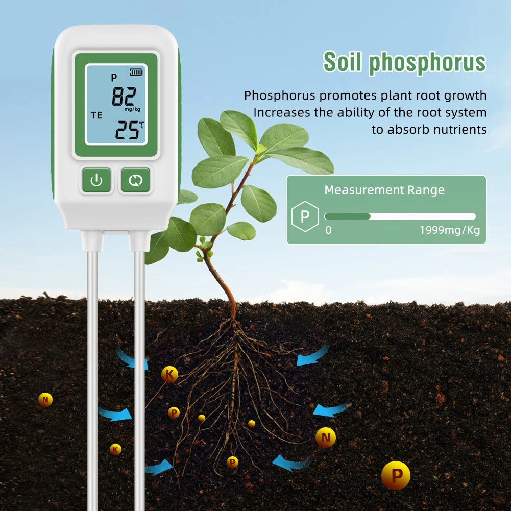  A close-up of a soil pH meter, featuring a digital display and probe, used to assess soil health for plant growth. 
