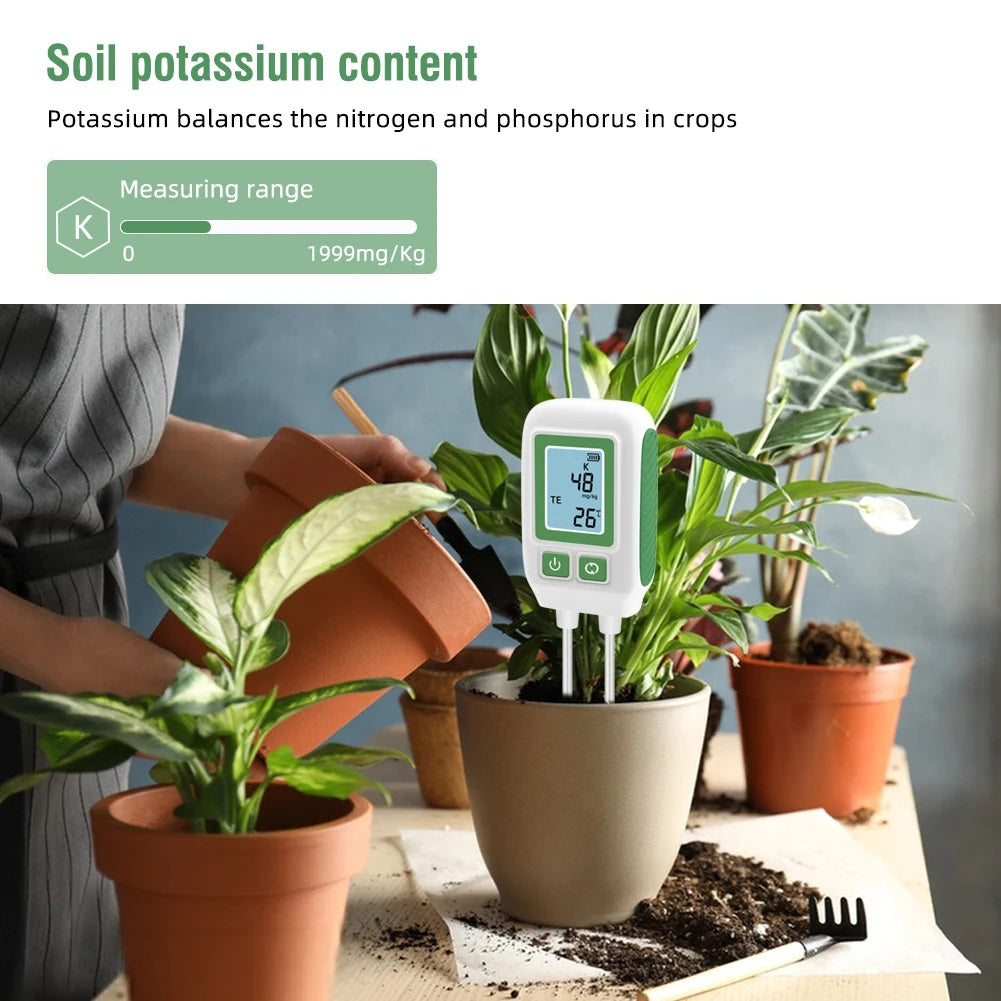An NPK soil meter inserted in soil, indicating moisture levels for optimal plant care. 