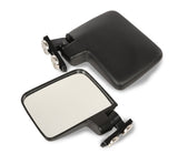 Black side mirrors positioned on a white backdrop, highlighting their shape and color.