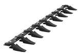 Curved shark-shaped black plastic handles for a tractor's tooth bar.